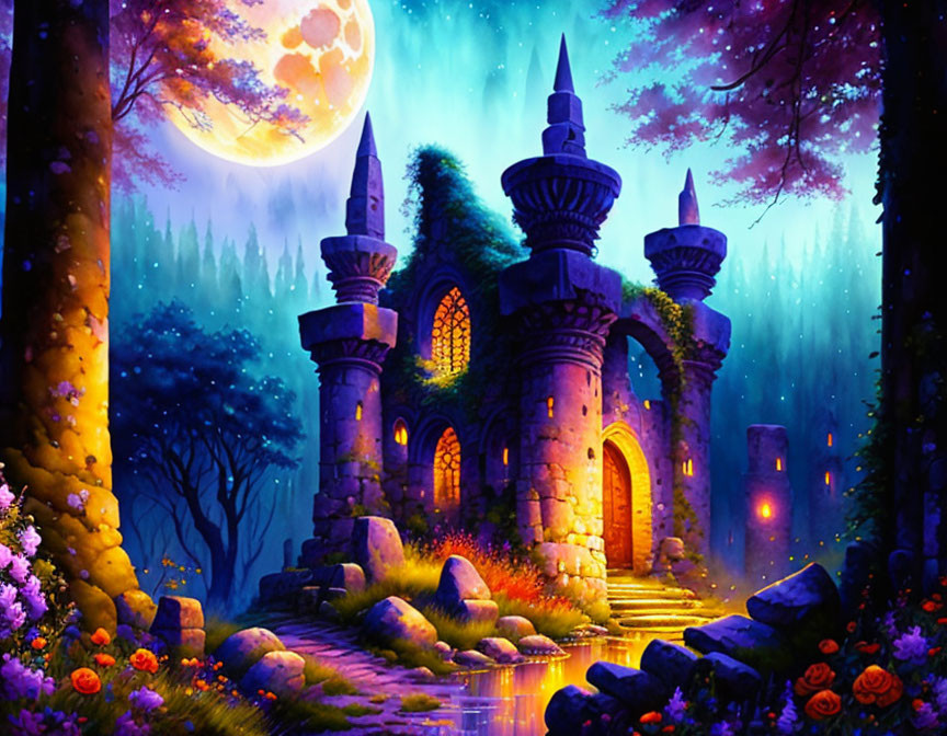 Mystical forest with old castle under full moon