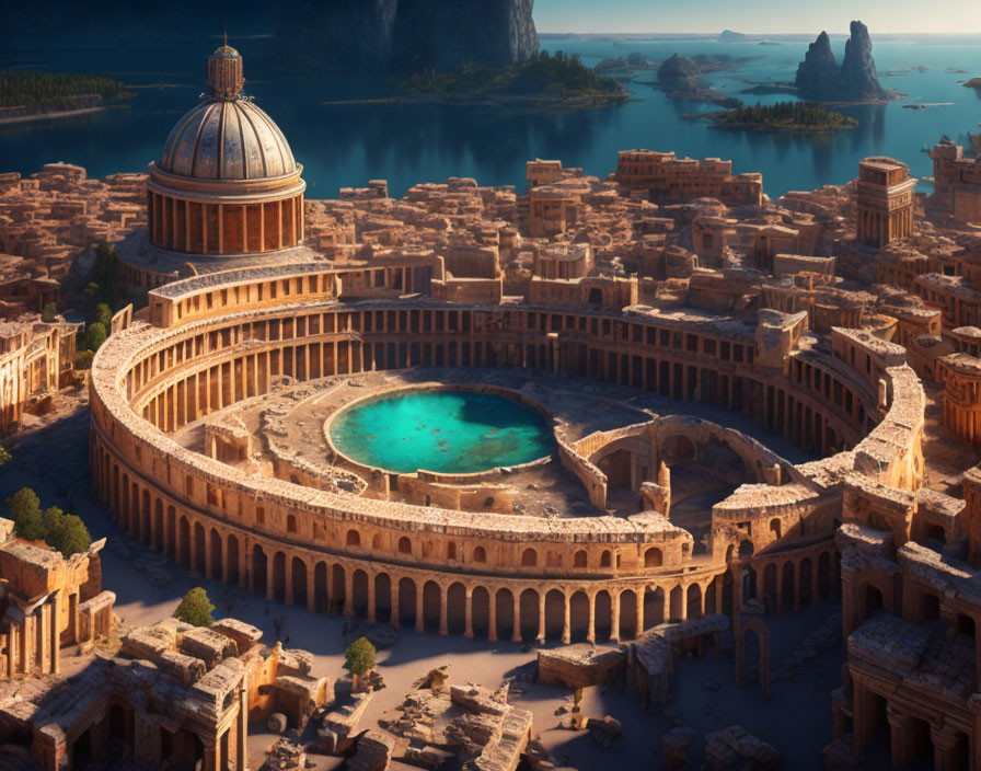 Digital artwork of ancient amphitheater with pool and classical structures in coastal sunset scene