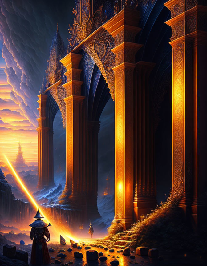 Fantastical night scene with glowing pillars, ornate bridge, figure with staff, and mysterious temple