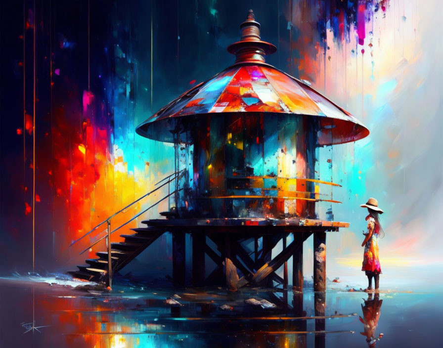 Colorful illuminated gazebo with person in hat on reflective surface