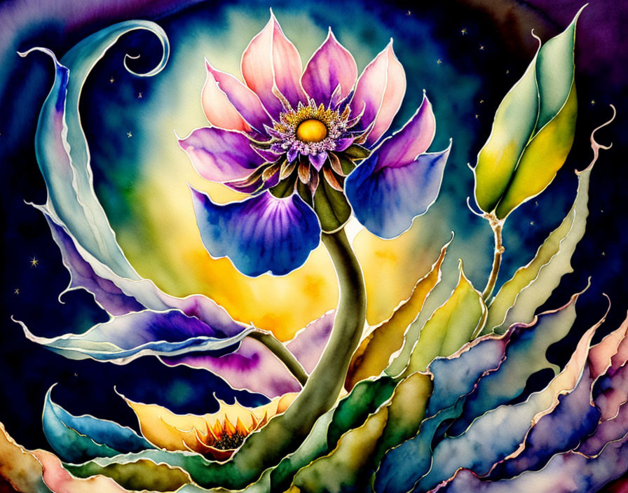 Colorful Lotus Flower Painting with Swirling Patterns and Starry Background