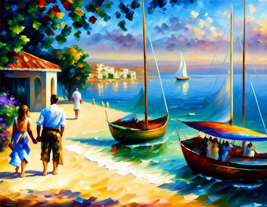 Colorful seaside painting with beachgoers and boats in coastal town