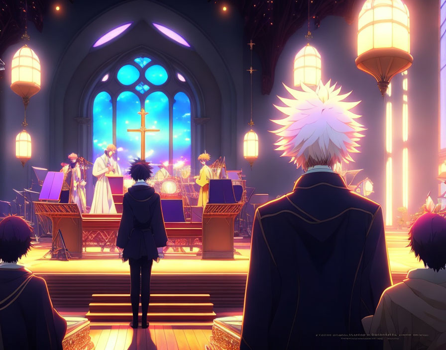 Character with Spiky White Hair in Church Interior Scene with Glowing Lanterns