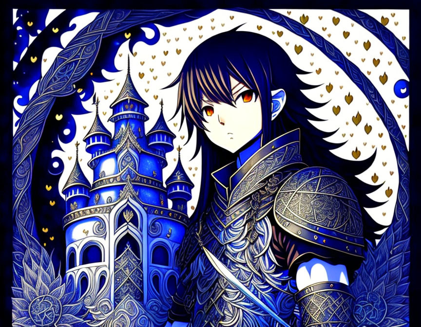 Illustrated warrior with red eyes in front of blue castle and ornate patterns in fantasy scene