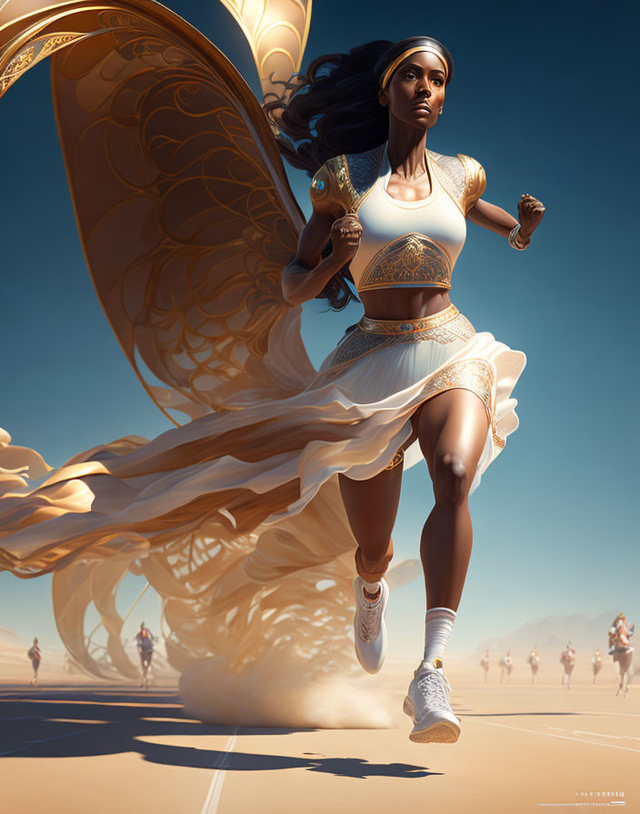 Winged runner in white and gold under clear sky