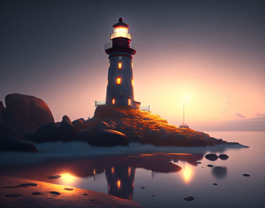 Tranquil sunset scene with glowing lighthouse, calm waters, and birds in golden sky