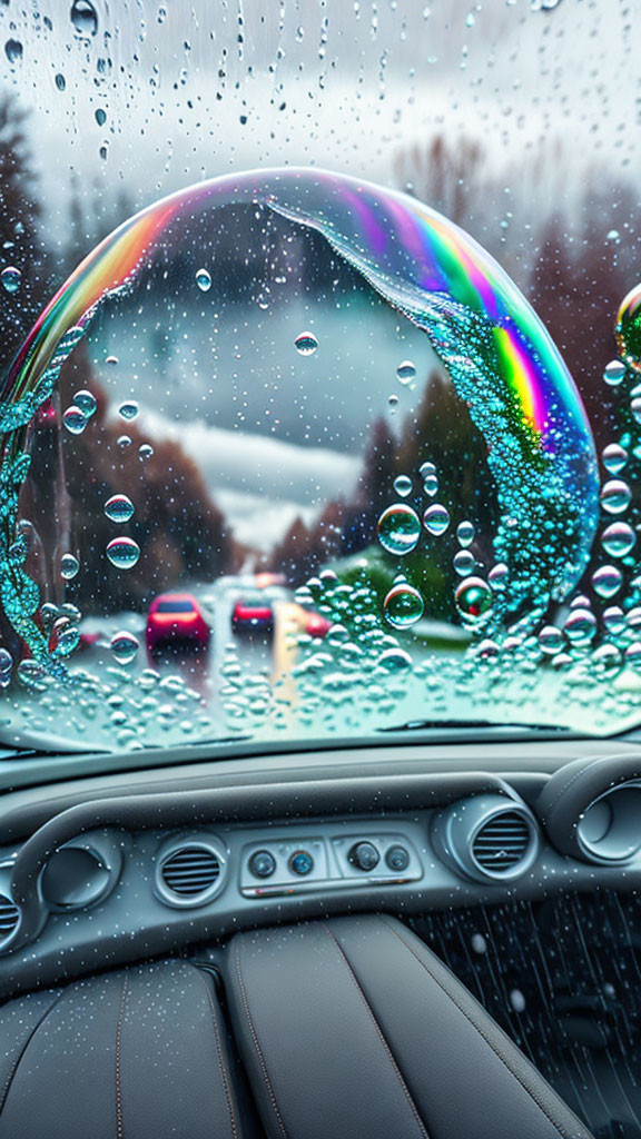 Colorful soap bubble on raindrop-covered car window with blurred road view.