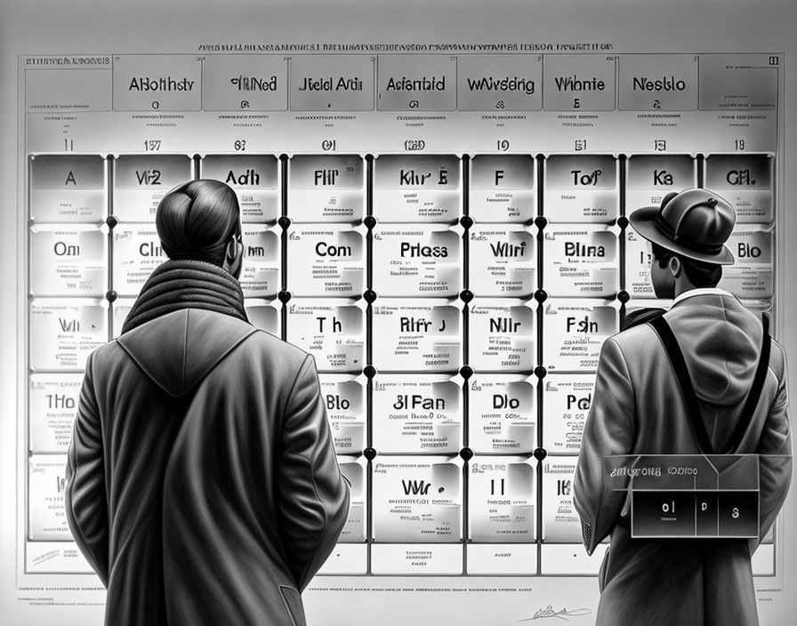 Imaginative periodic table of fictional elements on a monochromatic wall