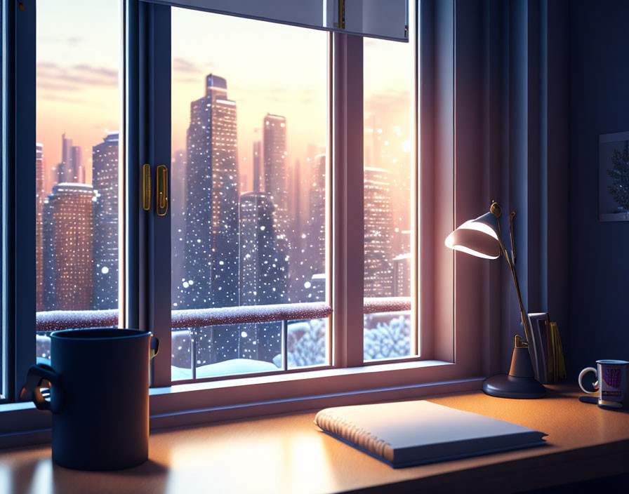 Snow-covered cityscape viewed from cozy indoor workspace desk