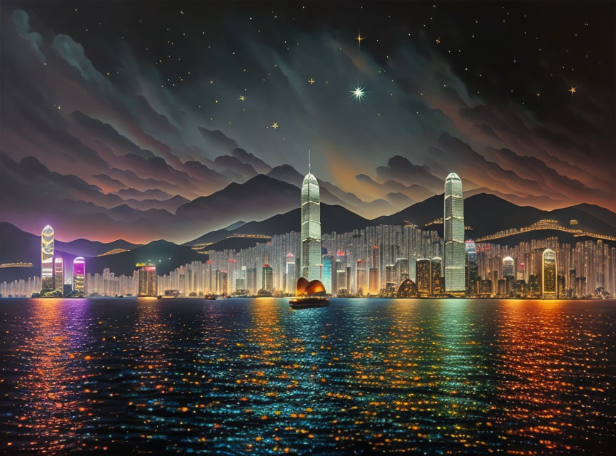 Night city skyline with illuminated skyscrapers reflected in water under a star-filled sky.