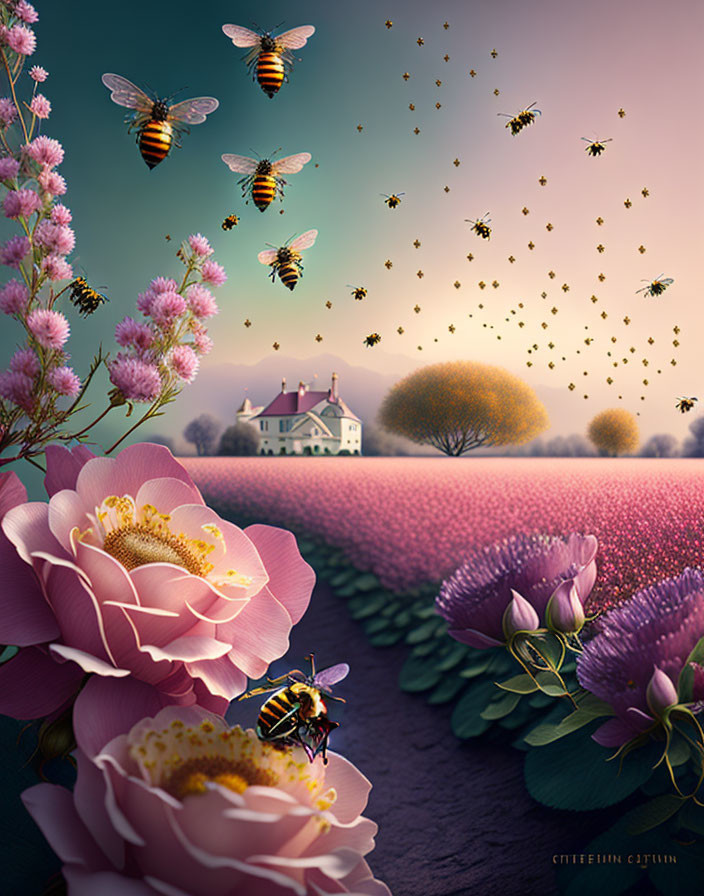 Vibrant landscape with oversized flowers, bees, and quaint house at twilight