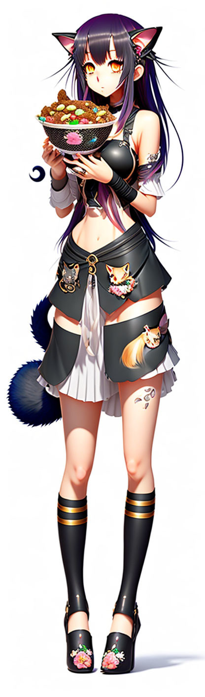 Anime-style character with cat ears and tail holding ramen bowl in black and white outfit.