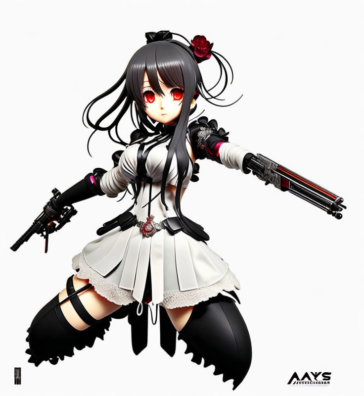 Monochrome maid character with guns and rose in hair