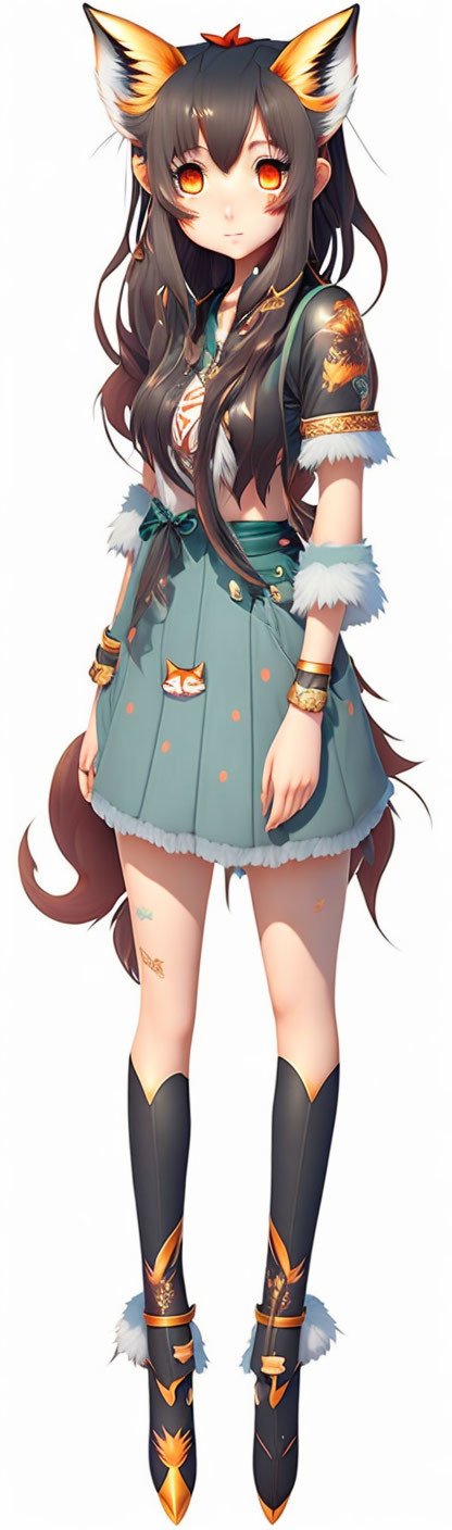 Anime character with fox ears and tail in green and gold outfit