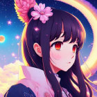 Long Black Hair Anime Girl Smiling in Pink Sky