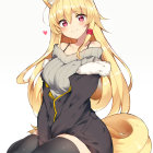 Anime-style girl with fox ears and tail in maid outfit with red rose sitting.