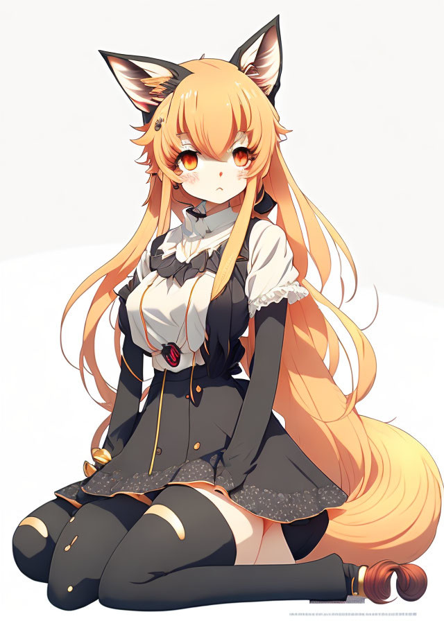 Anime-style girl with fox ears and tail in maid outfit with red rose sitting.