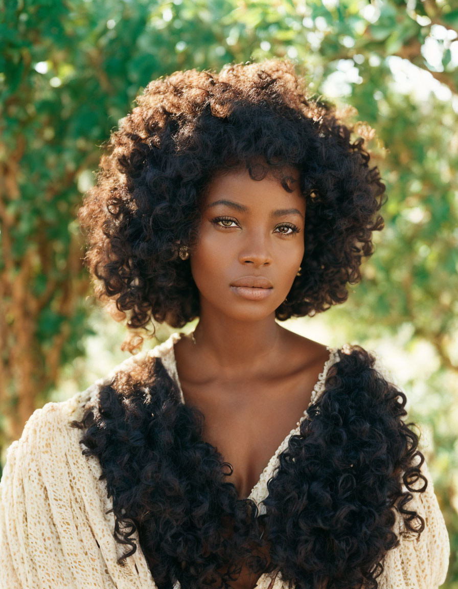 Woman with Voluminous Curly Hair in Cozy Sweater Surrounded by Greenery