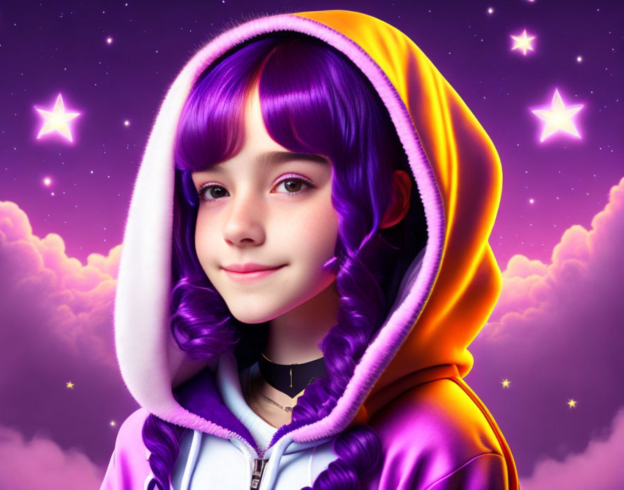 Smiling girl with purple hair in hoodie under whimsical starry sky