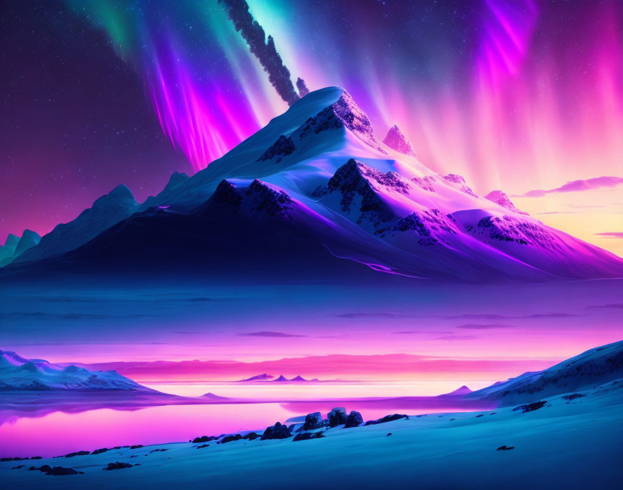 Vivid aurora borealis lights up snowy mountain scene