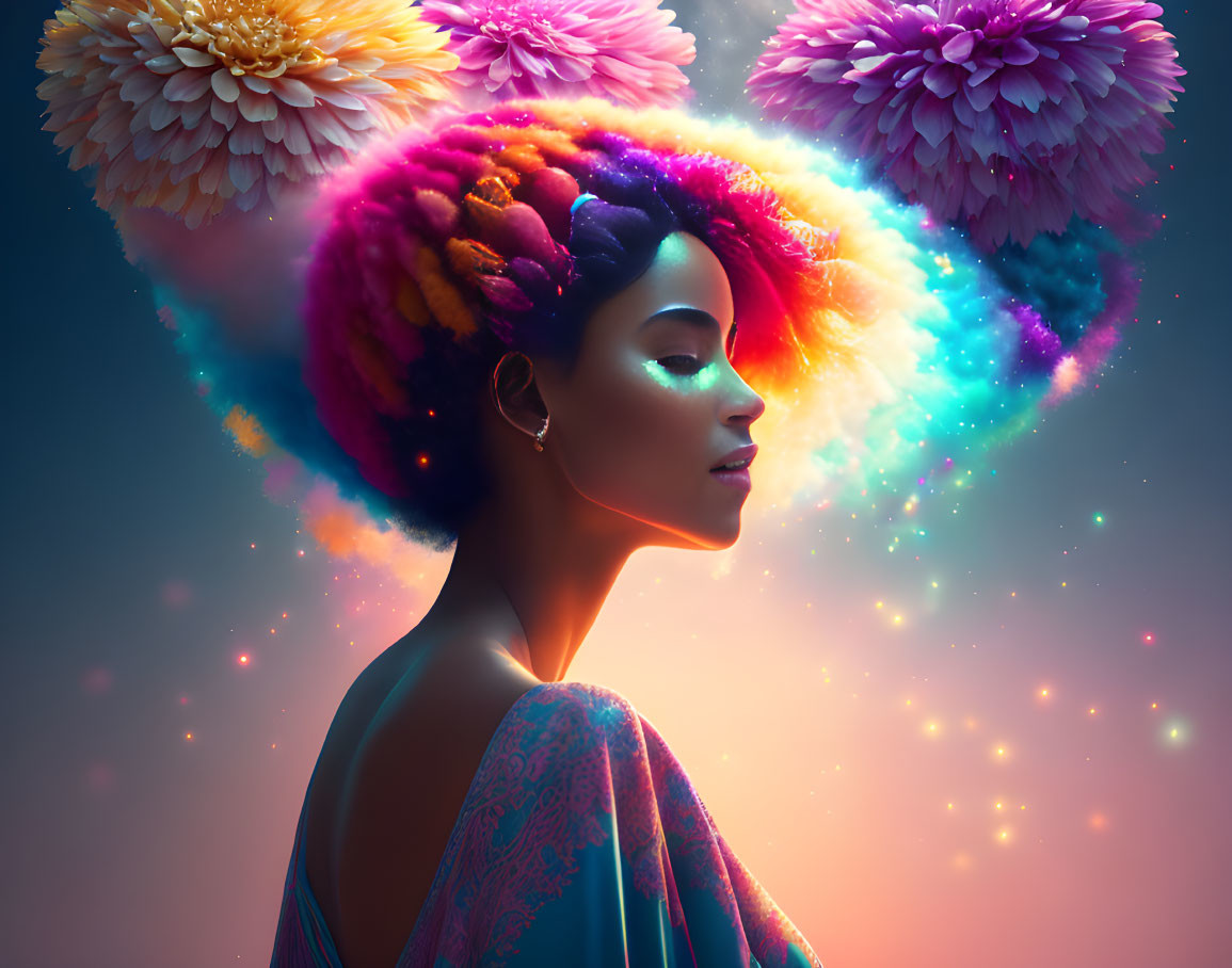 Serene woman with colorful cosmic hair and vibrant flowers on celestial backdrop