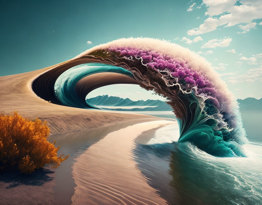 Surreal desert landscape with wave arch and pink foliage