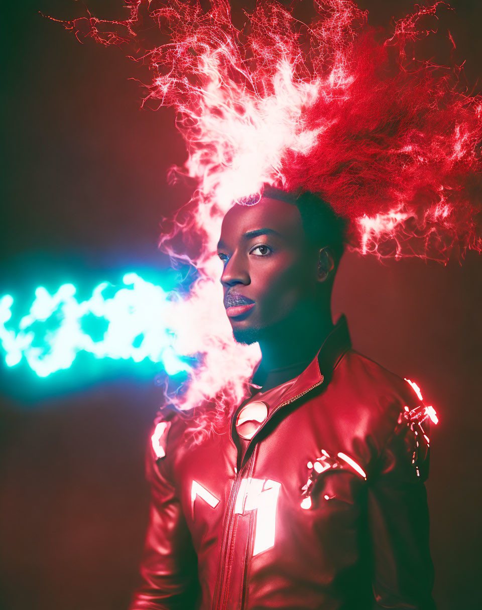 Vibrant red leather jacket with glowing blue and red light effects.