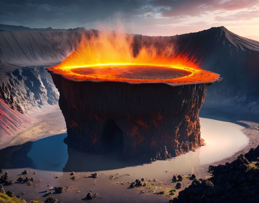 Active volcano with fiery crater in stark landscape near water under dramatic sky