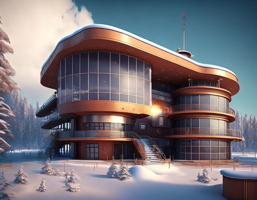 Curved Architecture Building in Snowy Landscape