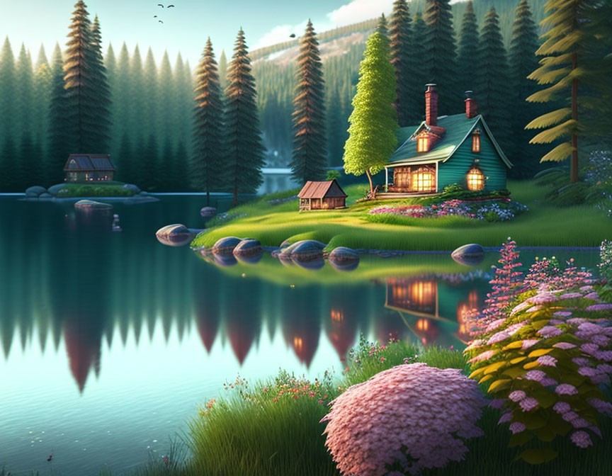 Tranquil lakeside scene at twilight with cozy cabin and lush forests