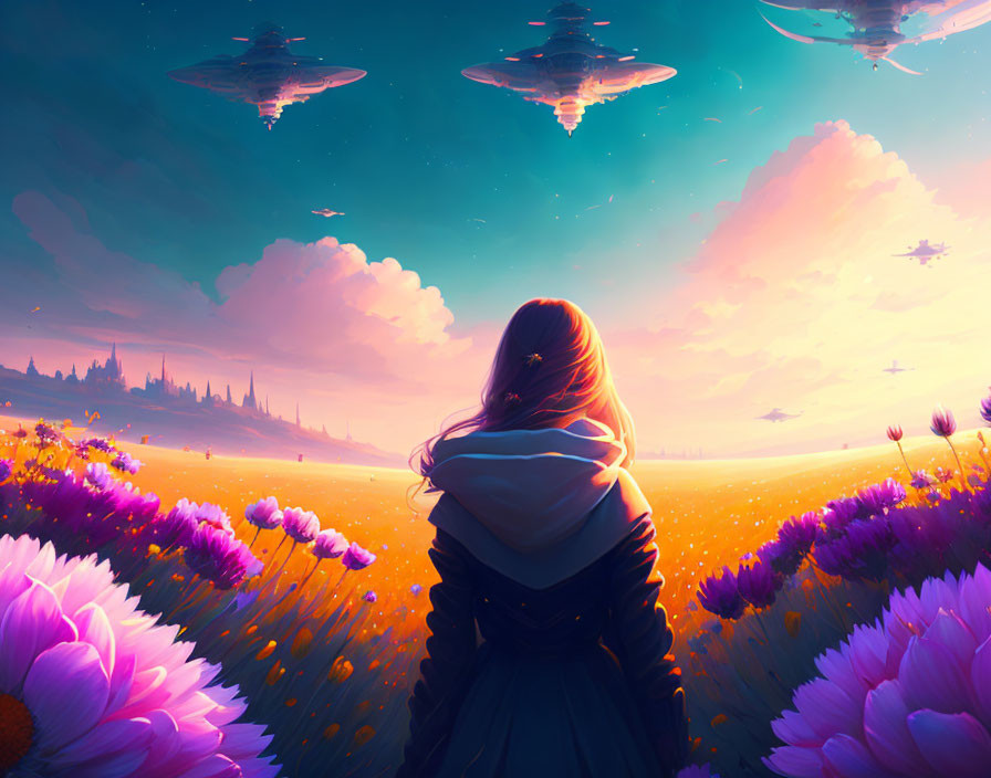 Person in flower field at sunset watching UFOs in colorful sky