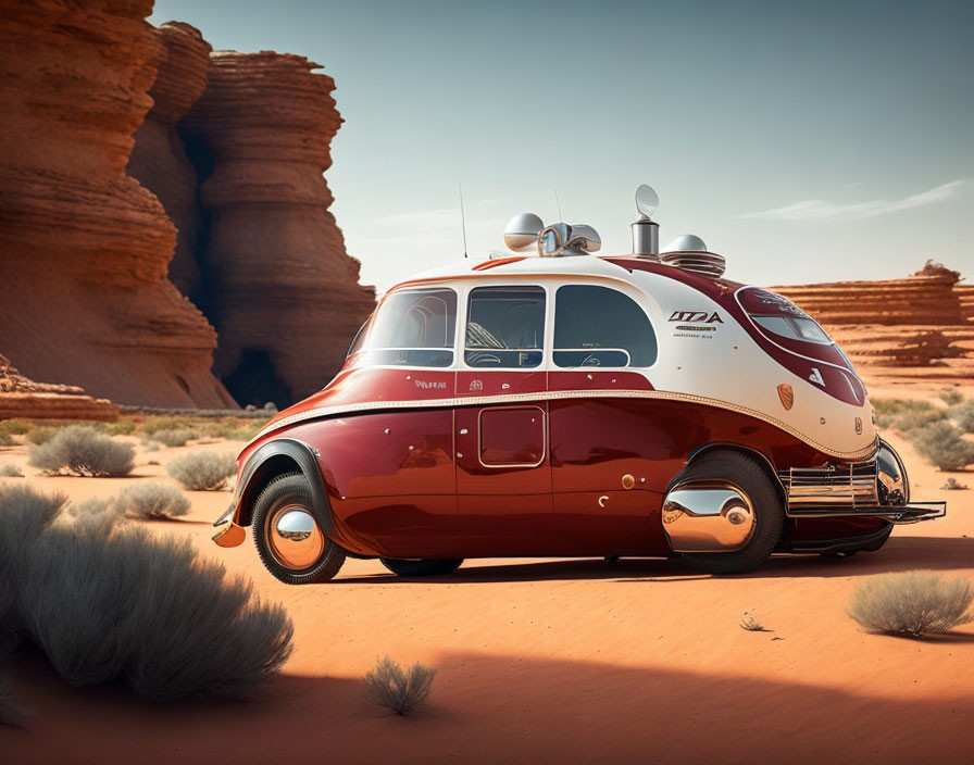 Streamlined Retro-Futuristic Vehicle in Desert Setting with Red Sandstone Formations