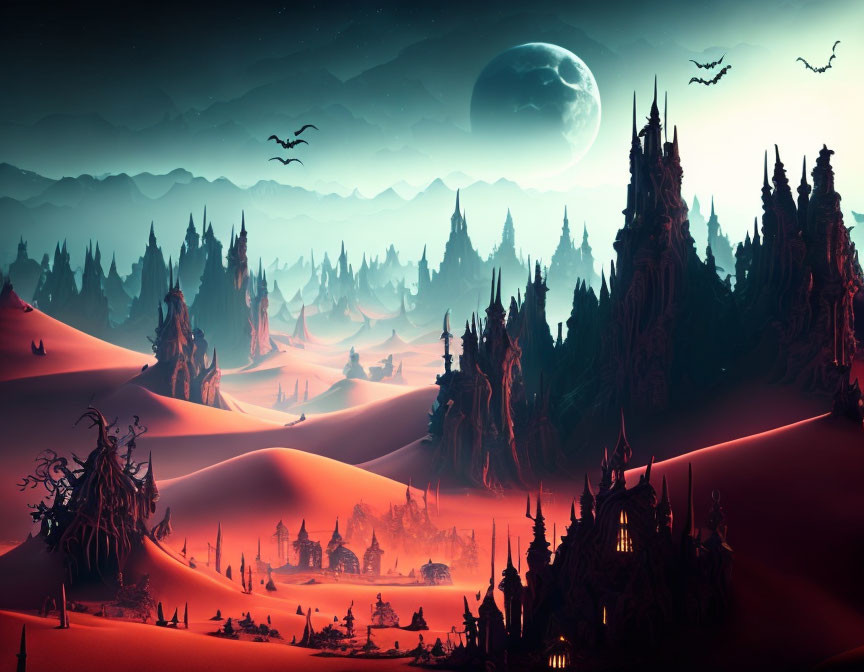 Fantasy night landscape with crimson dunes, dark structures, large moon, flying silhouettes