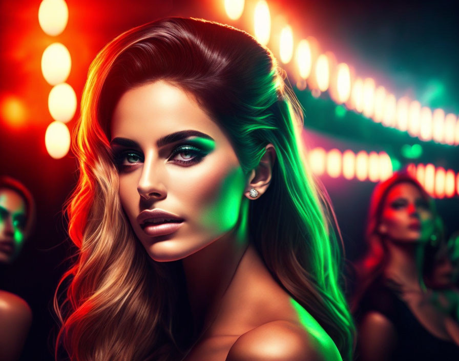 Woman with Highlighted Makeup in Club with Colorful Blurred Lights