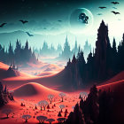 Fantasy night landscape with crimson dunes, dark structures, large moon, flying silhouettes