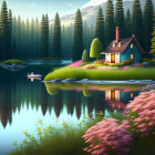 Tranquil lakeside scene at twilight with cozy cabin and lush forests