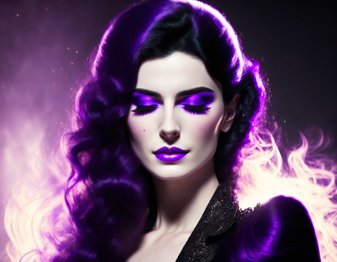 Vibrant Purple Hair Woman Portrait on Dark Background