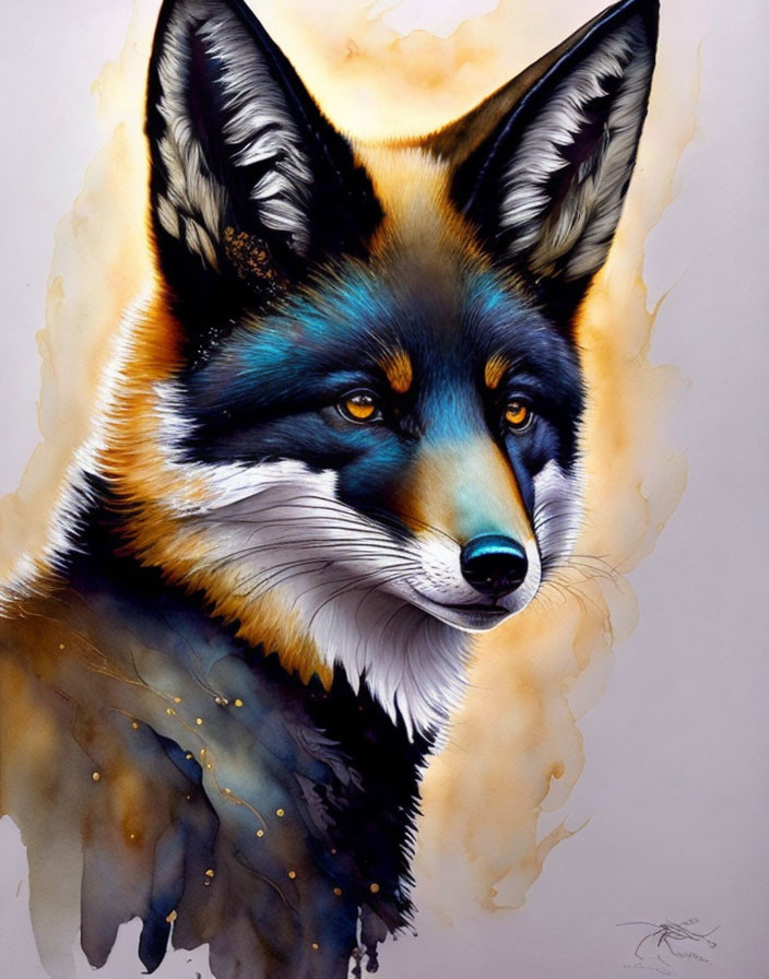 Detailed Fox Head Illustration with Abstract Watercolor Background