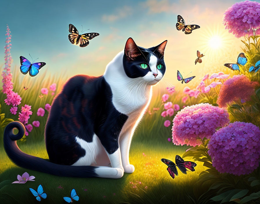 Black and white cat in colorful flower garden with fluttering butterflies