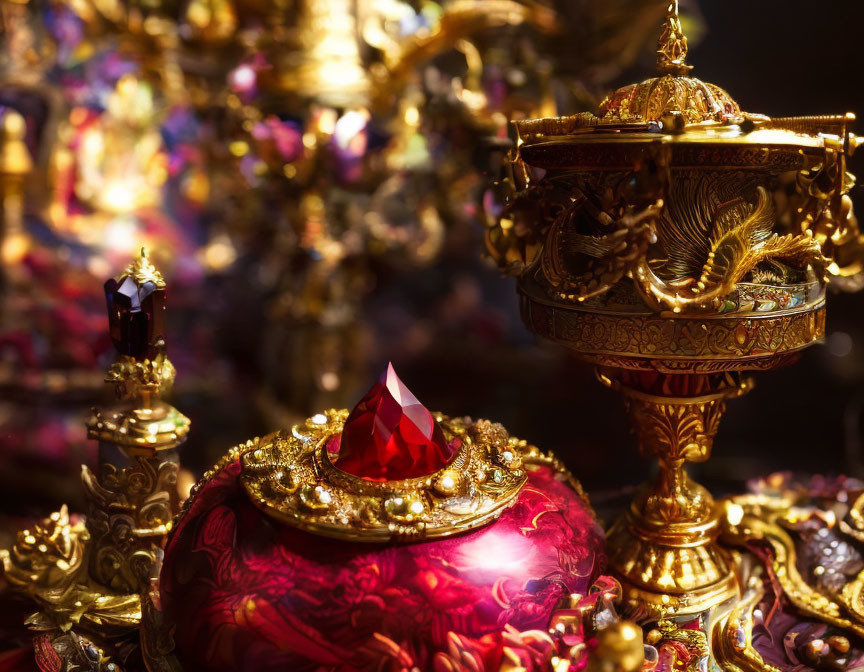 Opulent red gemstone on golden ornament with luxury artifacts