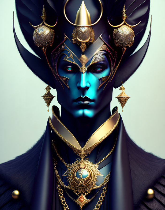 Fantasy digital artwork of blue-skinned figure with golden headdress and mystical eye pendant