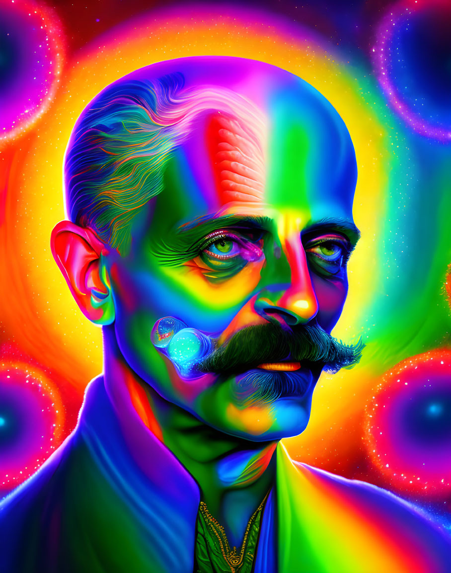 Colorful portrait of a man with a neat mustache on a psychedelic swirl-patterned background