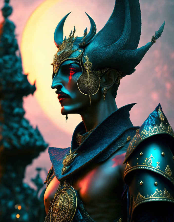 Fantasy armor-clad figure with horns and golden details against orange orb backdrop