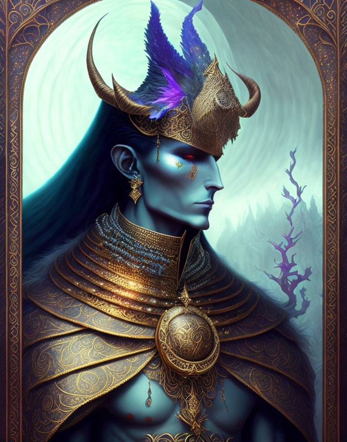 Blue-skinned character with golden crown and jewelry in mystical setting