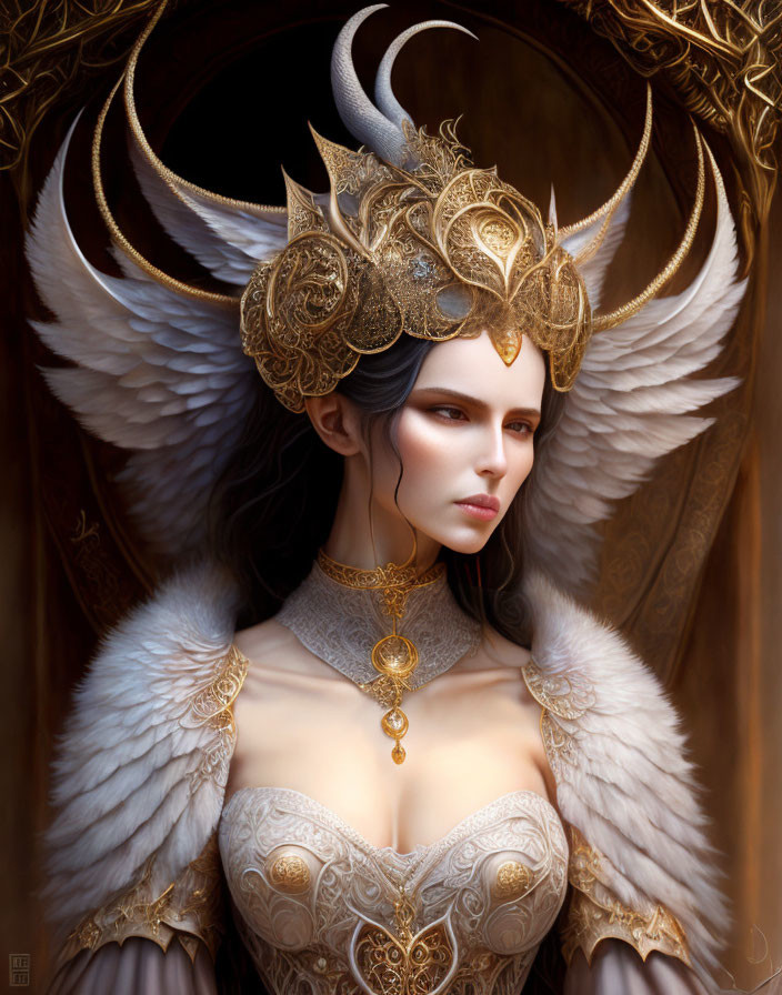 Ethereal being with white wings, golden headdress, and regal robes