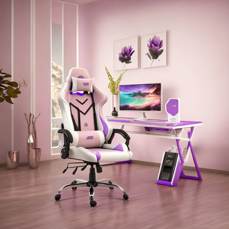 Modern Home Office Setup with White and Purple Accents and Gaming Chair