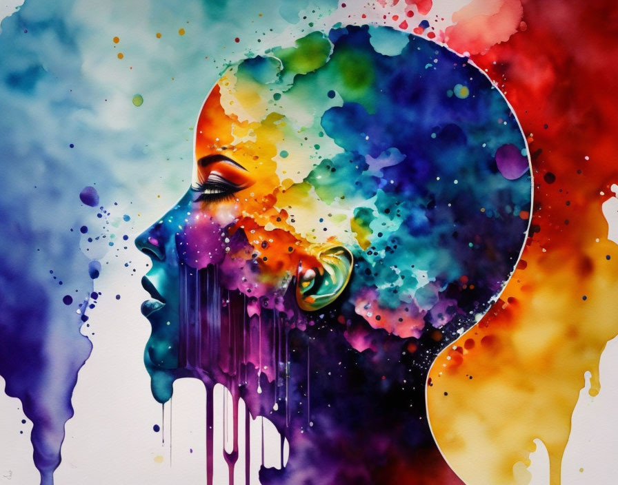 Colorful Watercolor Painting of Face Profile with Dripping Paint Hair