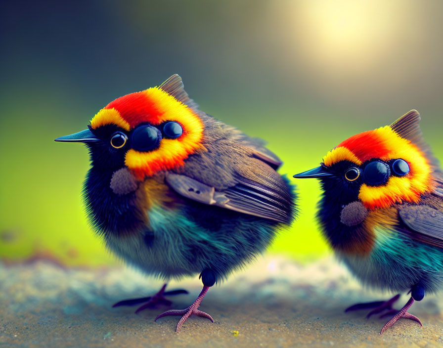 Colorful Birds with Orange, Black, and Blue Feathers on Green Background