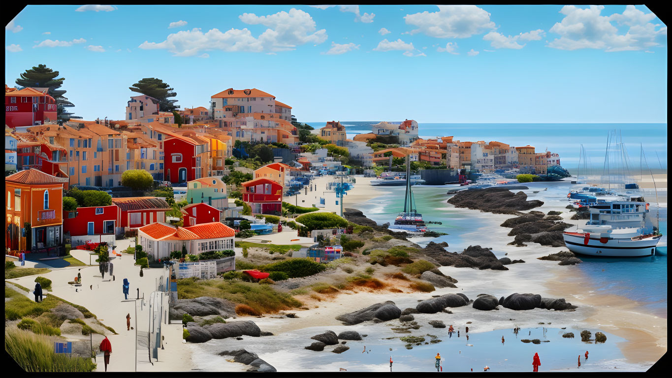 Colorful Coastal Town with Sandy Beach and Boats in Clear Blue Skies