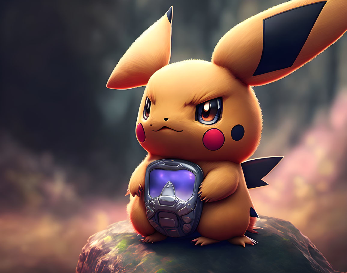 Illustration of Pikachu with purple gemstone in forest setting